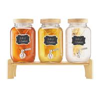 VEVOR Distributeur de Boissons Capacité de 3,8 L 3PCs, Fontaine à Eau en Verre, Distribution d’Eau Jus Limonade Thé Glacé, avec Support en Bois, Robinet et Infuseur, pour Restaurant Café Hôtel Fête