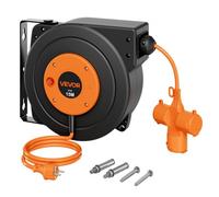VEVOR Enrouleur Électrique Automatique 15 m 1,5 mm² Rallonge Rétractable pour Montage Mur Plafond, Protection Surchauffe, Câble Alimentation Orange, avec Connecteur à 3 Prises, Support Pivotant 180°