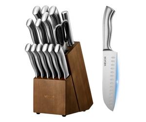 VEVOR Ensemble Couteaux de Cuisine avec Bloc, 15 Pièces, Manche et Lame en Acier Inoxydable à Haute Teneur, Bloc en Bois à Couteaux et Ciseaux de Cuisine Tranchants avec Fusil à Aiguiser