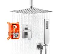 VEVOR Ensemble de Robinetterie de Douche Encastrable, Système de Douche de Pluie avec Pommeau de Tête Carré de 30,5 cm, Douchette à Main et Kit de Garniture, Montage au Plafond, Nickel Brossé
