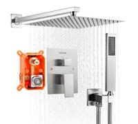 VEVOR Ensemble de Robinetterie de Douche Encastrable, Système de Douche de Pluie avec Pommeau de Tête Carré 25,4 cm, Douchette à Main et Kit de Garniture, Fixation Murale, Salle de Bain, Nickel Brossé
