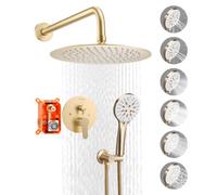 VEVOR Ensemble de Robinetterie de Douche Encastrable, Système de Douche de Pluie avec Pommeau de Tête Rond de 25,4 cm, Douchette à Main et Kit de Garniture, Fixation Murale, Salle de Bain, Or Brossé