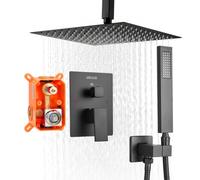 VEVOR Ensemble de Robinetterie de Douche Encastrable, Système de Douche de Pluie avec Pommeau de Tête Carré 30,5 cm, Douchette à Main et Kit de Garniture, Montage au Plafond, Salle de Bain, Noir Mat