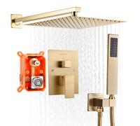 VEVOR Ensemble de Robinetterie de Douche Encastrable, Système de Douche de Pluie avec Pommeau de Tête Carré de 25,4 cm, Douchette à Main et Kit de Garniture, Fixation Murale, Salle de Bain, Or Brossé