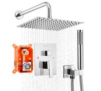 VEVOR Ensemble de Robinetterie de Douche Encastrable, Système de Douche de Pluie avec Pommeau de Tête Carré 25,4 cm, Douchette à Main et Kit de Garniture, Fixation Murale, Salle de Bain, Argent Chromé