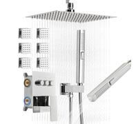 VEVOR Ensemble de Robinetterie de Douche, Système de Douche 3 Fonctions, Pommeau Haut à Effet Pluie 25,4 cm, 6 Jets de Corps et Douchette à Main, Kit Complet de Valve en Laiton et Garniture, Chromé