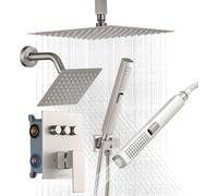 VEVOR Ensemble de Robinetterie de Douche, Système de Douche 3 Fonctions, Pommeau Haut à Effet Pluie 25,4 cm, Pommeau Mural et Douchette à Main, Kit de Valve en Laiton et Garniture, Nickel Brossé