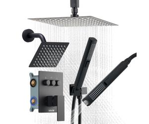 VEVOR Ensemble de Robinetterie de Douche, Système de Douche 3 Fonctions, Pommeau Haut à Effet Pluie 25,4 cm, Pommeau Mural et Douchette à Main 2-en-1, Kit de Valve en Laiton et Garniture, Noir Mat