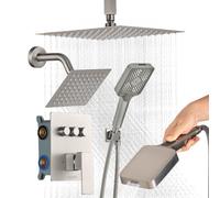 VEVOR Ensemble de Robinetterie de Douche, Système de Douche 3 Fonctions, Pommeau Haut à Effet Pluie 30,5 cm, Pommeau Mural et Douchette à Main 4-en-1, Valve en Laiton, Salle de Bain, Nickel Brossé