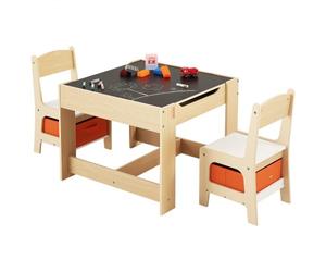 VEVOR Ensemble table et 2 chaises pour enfants, avec espace de rangement sous la table et coffre de rangement en tissu sous les chaises, bureau en bois pour apprentissage et dessin, couleur bois clair