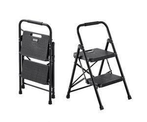 VEVOR Escabeau Pliant 2 Marches Marchepied Pliable Charge 272 kg Échelle Domestique en Acier pour Cuisine, Bureau, Travaux Ménagers, avec Large Marche Antidérapante, Poignée, Léger et Portable, Noir