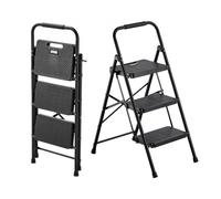 VEVOR Escabeau Pliant 3 Marches Marchepied Pliable Charge 272 kg Échelle Domestique en Acier pour Cuisine, Bureau, Travaux Ménagers, avec Large Marche Antidérapante, Poignée, Léger et Portable, Noir