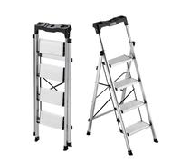 VEVOR Escabeau Pliant 4 Marches Marchepied Pliable Charge 150 kg Échelle Domestique Alliage d'Aluminium pour Travaux Ménagers, Bricolage, avec Larges Marches Antidérapantes, Plateau à Outils, Argenté