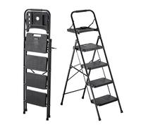 VEVOR Escabeau Pliant 4 Marches Marchepied Pliable Charge 272 kg Échelle Domestique Acier pour Cuisine, Bureau, Travaux Ménagers, avec Large Marche Antidérapante, Plateau Porte-Outils, Poignée, Noir