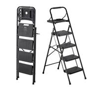 VEVOR Escabeau Pliant 4 Marches Marchepied Pliable Charge 272 kg Échelle Domestique Acier pour Cuisine, Bureau, Travaux Ménagers, avec Large Marche Antidérapante, Plateau Porte-outils, Poignée, Noir