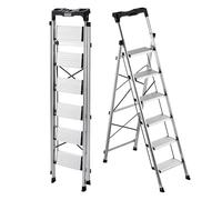 VEVOR Escabeau Pliant 6 Marches Marchepied Pliable Charge 150 kg Échelle Domestique Alliage d'Aluminium pour Travaux Ménagers, Bricolage, avec Larges Marches Antidérapantes, Plateau à Outils, Argenté