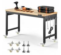 VEVOR Établi d'atelier 1220 mm – Hauteur réglable, roulettes, 907,2 kg, prise, chêne