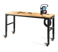 VEVOR Établi Garage Atelier Table de Travail 155x51x105 cm Hauteur Réglable 80-105 cm, Établi Plateau en Bois Chêne Cadre en Acier, Établi Multifonctionnel avec 4 Roulettes pour Réparation Bricolage