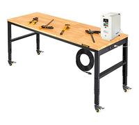 VEVOR Établi Garage Atelier Table de Travail 155x51x105 cm Hauteur Réglable 80-105 cm, Plateau en Bois Chêne Cadre en Acier, Multifonctionnel avec 4 roulettes pour Réparation Bricolage