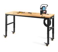 VEVOR Établi Garage Atelier 122x51x104 cm Table de Travail Hauteur Réglable 79-104 cm, avec Plateau en Bois Chêne Cadre en Acier, Établi Multifonctionnel avec 4 Roulettes pour Réparation Bricolage