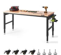 VEVOR Établi réglable, 1830 x 635 mm, table de travail de garage avec roues universelles, hauteurs de 71,1-100,3 cm, 1361 kg, avec prises de courant, plateau en bois dur et repose-pieds, pour bureau