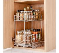 VEVOR Étagère Coulissante Cuisine 2 Niveaux Porte Épices pour Placard, Rangement Coulissant pour Meuble Garde-manger, Oraganisateur de Placrd en Métal, 11x21,5x26,5 cm, Coulissement Fluide, Argent