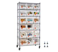 VEVOR Étagère de Rangement Mobile 7 Niveaux Rayonnage sur Roulettes 18 Bacs pour Garage, Entrepôt, Bureau, Restaurant, Salle de uisine, en Fil d'Acier, avec Roulettes Pivotantes et 2 Freins
