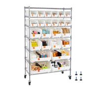 VEVOR Étagère de Rangement Mobile 7 Niveaux Rayonnage sur Roulettes 24 Bacs pour Garage, Entrepôt, Bureau, Restaurant, Salle de uisine, en Fil d'Acier, avec Roulettes Pivotantes et 2 Freins