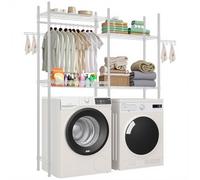VEVOR Étagère de rangement pour lave-linge et sèche-linge à 4 niveaux, étendoir à linge avec tringle et crochets, étagères réglables à deux rangées, gain de place, pour buanderie, salle de bain, blanc