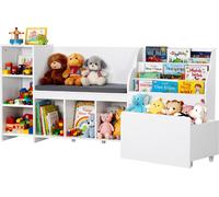 VEVOR Banc de rangement pour enfants 170 x 40 x 80 cm, bibliothèque en bois avec rangement de jouets, banc de lecture avec dossier, grand coffre à jouets pour salle de jeux, salon ou entrée, blanc