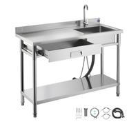 VEVOR Évier cuisine utilitaire en acier inoxydable, évier professionnel autoportant à cuve unique avec tiroir, robinet et tuyau d'eau chaude et froide, pour garage, restaurant, buanderie 120x50x94 cm
