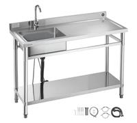 VEVOR Évier cuisine utilitaire en acier inoxydable, évier professionnel autoportant à cuve unique gauche, avec robinet, tuyau d'eau chaude et froide pour garage, restaurant, buanderie, 120x50x94 cm