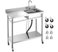VEVOR Évier cuisine utilitaire en acier inoxydable, évier professionnel cuve unique avec roulettes, robinet et tuyau d'eau chaude et froide, établi pour garage, restaurant, buanderie 1000x500x1055 mm