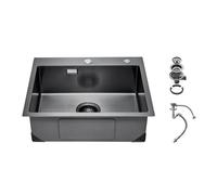 VEVOR Évier de cuisine 68 cm, évier à montage par le haut en acier inox 304, évier à poser à encastrer cuve simple avec accessoires, évier de lave-vaisselle ménager pour camping-car cuisine bar, noir