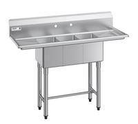 VEVOR Évier de Cuisine à 3 Cuves de 25,4x35,6x25,4 cm, Évier Autoportant sur Pied, pour Restaurant Camion-restaurant Maison, en Acier Inoxydable 304 de Calibre 18, avec 2 Égouttoirs et Dosseret