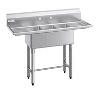 VEVOR Évier de Cuisine à 3 Cuves de 25,4x35,6x25,4 cm, Évier Autoportant sur Pied, pour Restaurant Camion-restaurant Maison, en Acier Inoxydable 304 de Calibre 18, avec 2 Égouttoirs et Dosseret