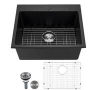 VEVOR Évier de Cuisine Moderne en Granit de 63,5 cm, Évier à Poser à Large Cuve Simple, Bac à Laver Encastrable avec Accessoires Multiples, Nettoyage Facile, pour Camping-car, Maison, Bar, Noir