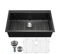 VEVOR Évier de Cuisine Moderne en Granit de 83,8 cm, Évier à Poser à Large Cuve Simple, Bac à Laver Encastrable avec Accessoires Multiples, Nettoyage Facile, pour Camping-car, Maison, Bar, Noir