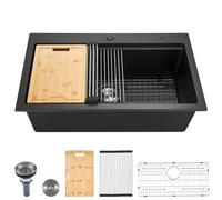 VEVOR Évier de Cuisine Moderne en Granit de 84x56 cm, Évier à Poser à Large Cuve Simple, Bac à Laver Encastrable avec Accessoires Multiples, Nettoyage Facile, pour Camping-car, Maison, Bar, Noir