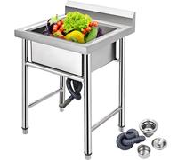 VEVOR Évier inox 1 bac sur pieds - 93x61x60 cm - Acier inoxydable - Dosseret haut - Pieds réglables - Kit complet