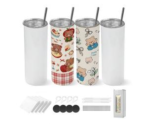 VEVOR Gobelet à Sublimation Vierge 4PCs 591 mL, Gobelet Isotherme à Personnaliser Droit et Fin, pour Personnalisation DIY, Bouteille Sublimable en Inox, Double Paroi Isolée, avec Couvercles et Pailles