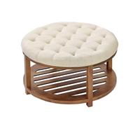 VEVOR Grande table basse ronde capitonnée en lin, 810 mm, repose-pieds rembourré avec étagère de rangement en bois massif, capacité de poids 158,76 kg, pour chambre à coucher, salon, couleur lin