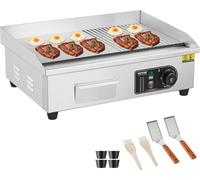 VEVOR Gril électrique commercial, 3200 W, gril semi-plat pour le plan de travail, température réglable de 50 à 300 °C, 54 x 30 x 1 cm, plaque de gril en inox avec 2 pelles et 2 brosses
