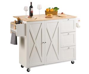 VEVOR Îlot Central 115x39 cm Desserte de Cuisine à Roulettes 1 Armoire 3 Tiroirs Meuble de Cuisine avec Plan de Travail en Bois Abattant 115x29 cm Porte-Épices Porte-Serviettes Rangement Bar Cuisine