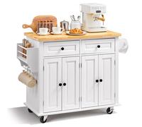 VEVOR Îlot Central 90x45 cm Desserte de Cuisine à Roulettes 2 Armoires 2 Tiroirs Meuble de Cuisine avec Plan de Travail en Bois Massif Porte-Épices Porte-Serviettes Buffet de Rangement Bar Cuisine
