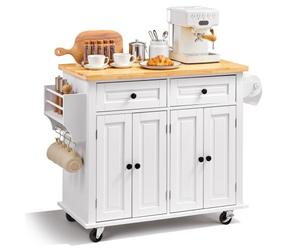 VEVOR Îlot Central 90x45 cm Desserte de Cuisine à Roulettes 2 Armoires 2 Tiroirs Meuble de Cuisine avec Plan de Travail en Bois Massif Porte-Épices Porte-Serviettes Buffet de Rangement Bar Cuisine
