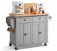 VEVOR Îlot de Cuisine Mobile Desserte à Roulettes 110 cm en Bois Gris, Meuble de Rangement pour Salle à Manger Maison, Table-îlot avec 2 Tiroirs, Placard, Porte-épices, Porte-torchon et Crochets
