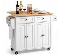 VEVOR Îlot de Cuisine Mobile Desserte à Roulettes en Bois 110,7 cm Blanc, Meuble de Rangement pour Salle à Manger Maison, Table-îlot avec 2 Tiroirs, Placard, Abattant, Porte Épices et Torchon