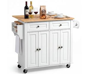 VEVOR Îlot de Cuisine Mobile Desserte à Roulettes en Bois 110,7 cm Blanc, Meuble de Rangement pour Salle à Manger Maison, Table-îlot avec 2 Tiroirs, Placard, Abattant, Porte Épices et Torchon