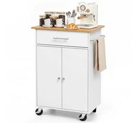 VEVOR Îlot de Cuisine Mobile Desserte sur Roulettes avec Rangement 63 cm, Pour Salle à Manger Maison, Table-îlot en MDF, Avec Tiroir, Placard, Porte-torchon et Crochets, Grand Plan de Travail, Blanc